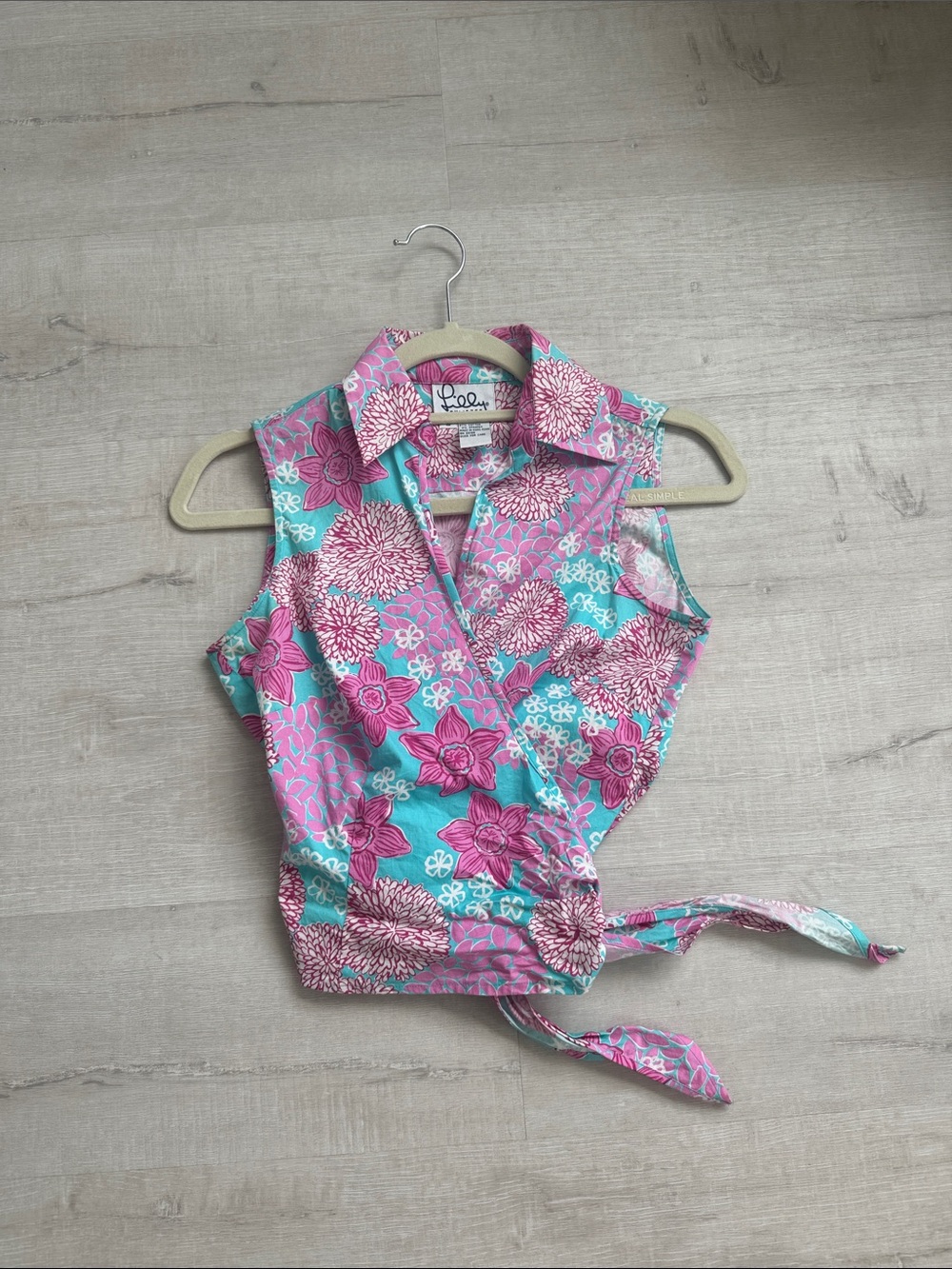 Lilly Pulitzer Collared Sleeveless Floral Wrap Top — Pink & Turquoise